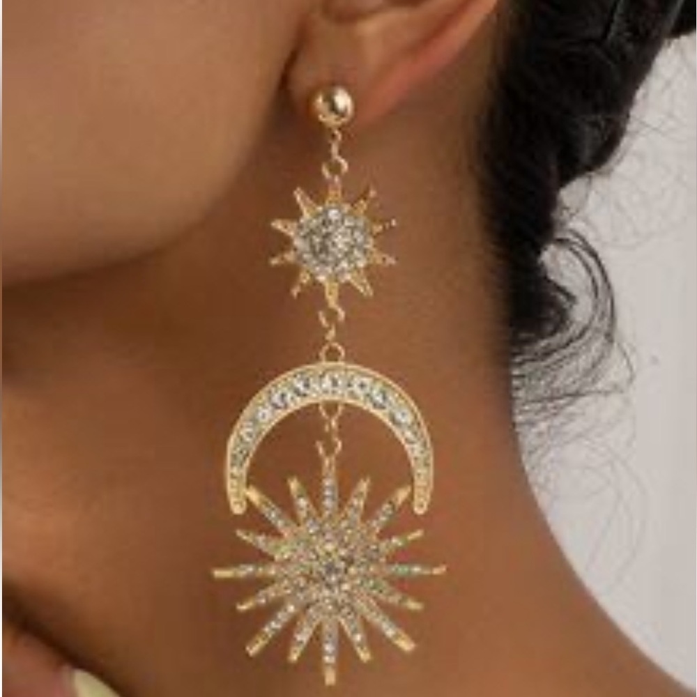 Exaggerated Crescent Moon, Sun & Star Rhinestone Gold Color Celestial Earrings